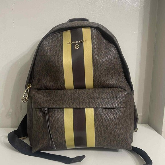 MICHAEL KORS SLATER MEDIUM LOGO METALLIC STRIPE BACKPACK BROWN GOLD - Picture 1 of 11